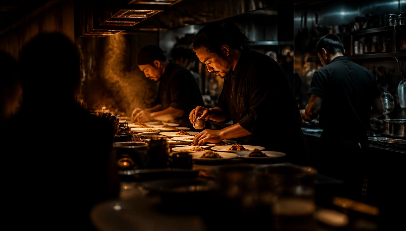 Cocina de un restaurante independiente en plena operación nocturna